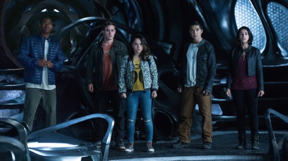 From L to R: RJ Cyler as "Billy," Dacre Montgomery as "Jason," Becky G as "Trini," Ludi Lin as "Zack" and Naomi Scott as "Kimberly" in SABAN'S POWER RANGERS. Photo by Kimberly French.
